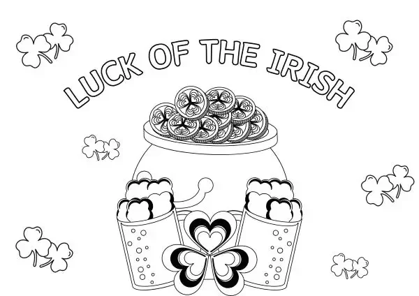Luck of the Irish St Patrick's Day coloring page with a pot of gold