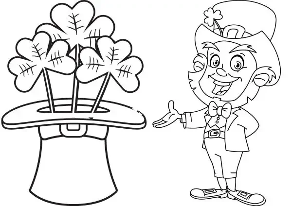 St Patrick's Day coloring sheet with a hat, leprachaun and clovers