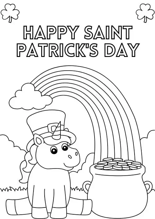 Happy St Patrick's Day coloring sheet with a rainbow and a pot of gold