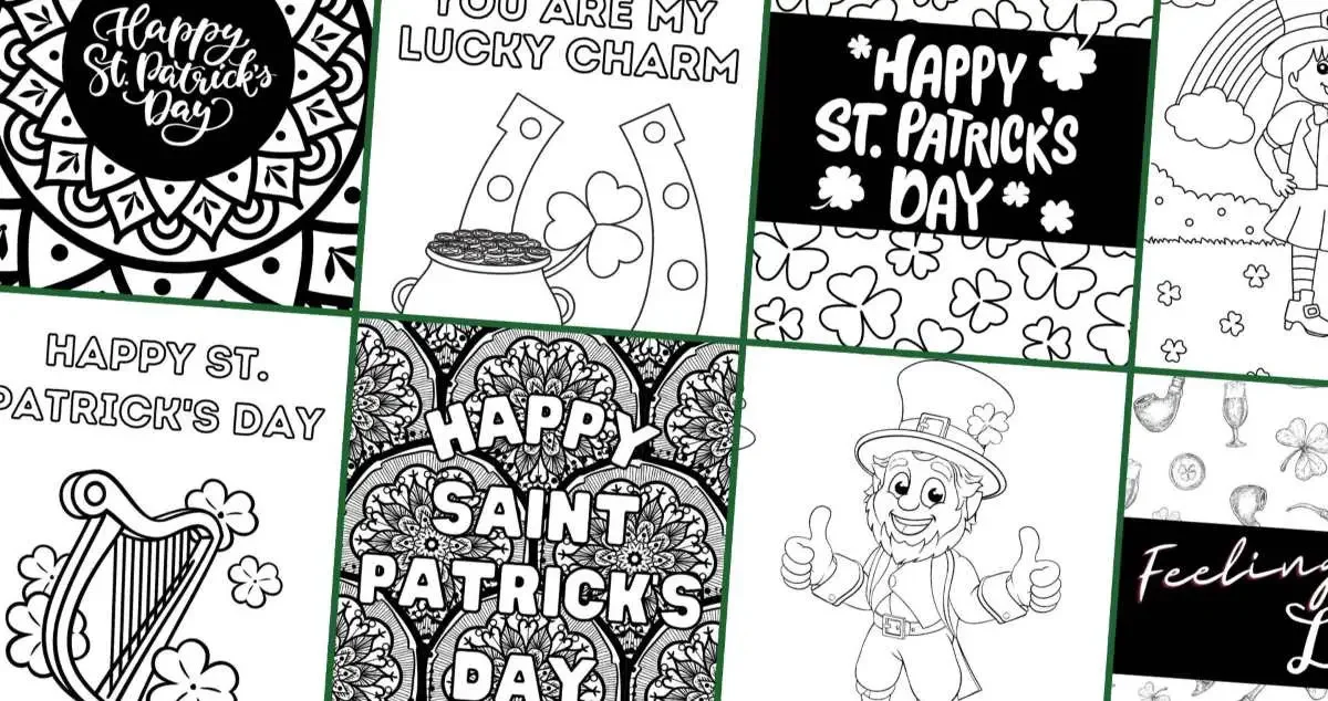 a collection of 8 different Saint Patrick's Day coloring sheets