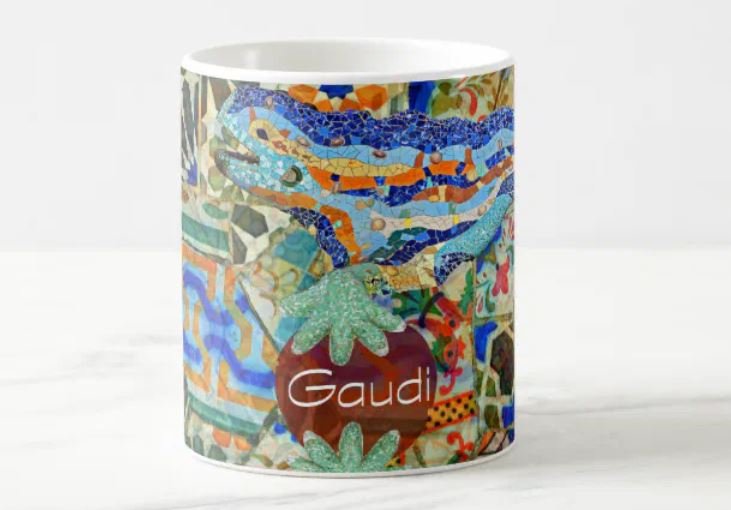 A coffee mug with a masaic patterm of Gaudi