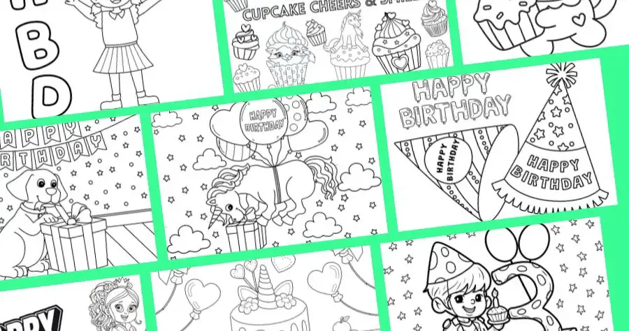 Nine images of different birthday coloring pages