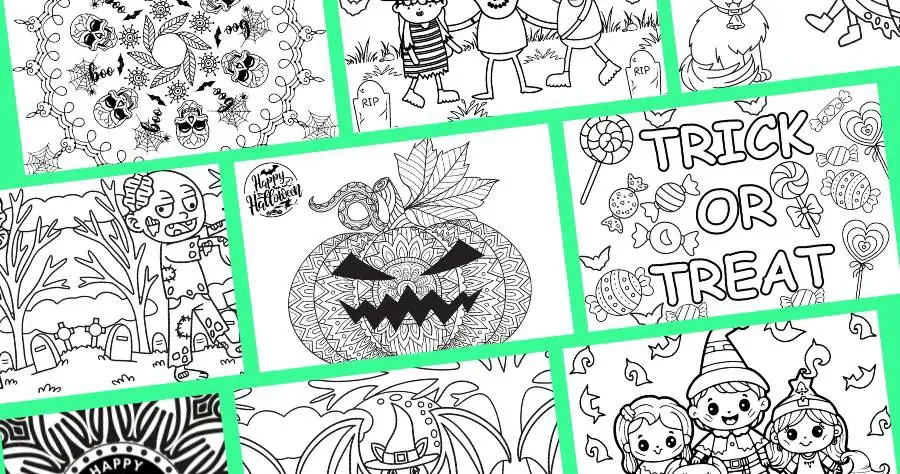 An images with nine different Halloween coloring pages
