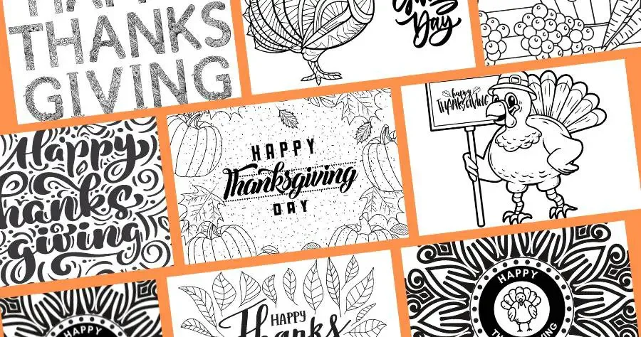 Nine exampels of Thanksgiving coloring pages with an orange background