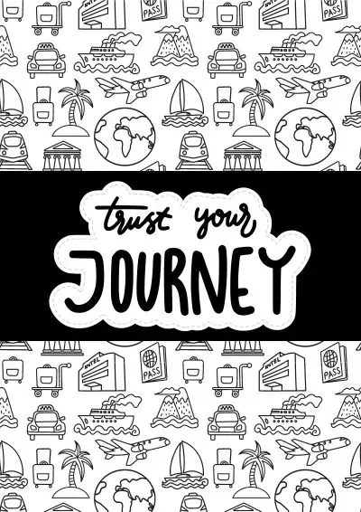 Travel icons color-in images with the text 'trust your journey'
