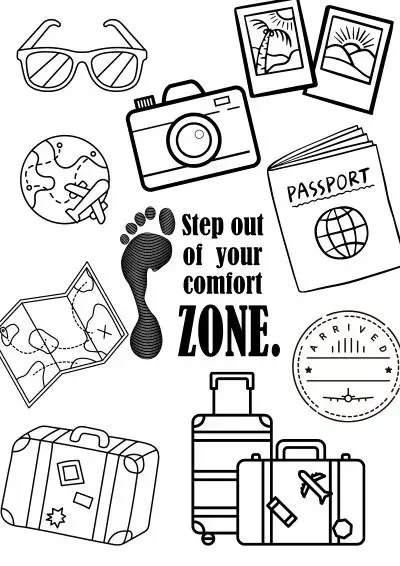 Several travel icons to color in with the text "step our of your comfort zone"