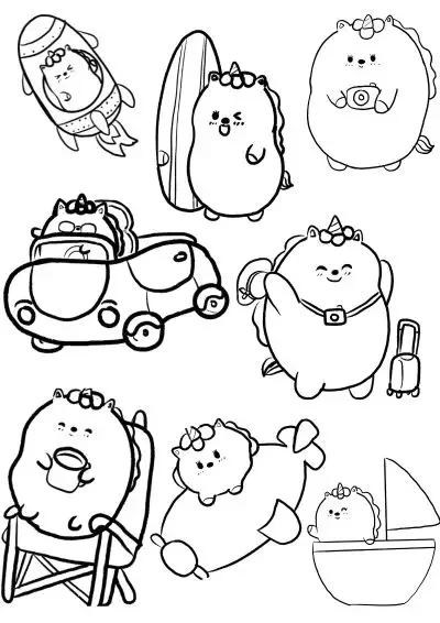 A travel coloring page with 8 different small images of a fat cat in different travel situations