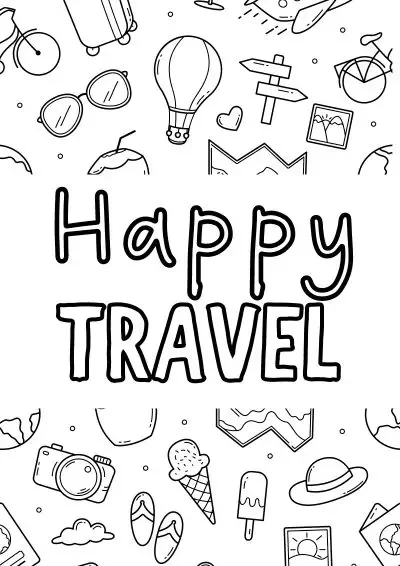 happy travel travel coloring page with travel icons