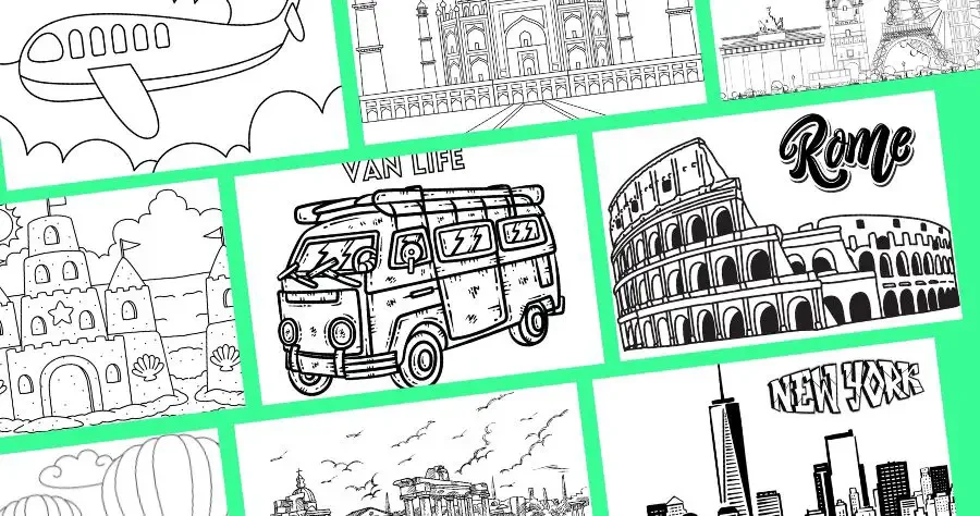A set of nine different travel coloring pages