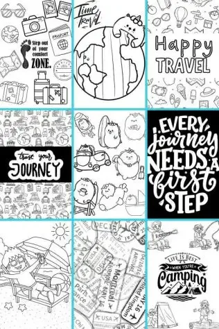 A collage of nine different travel coloring sheets