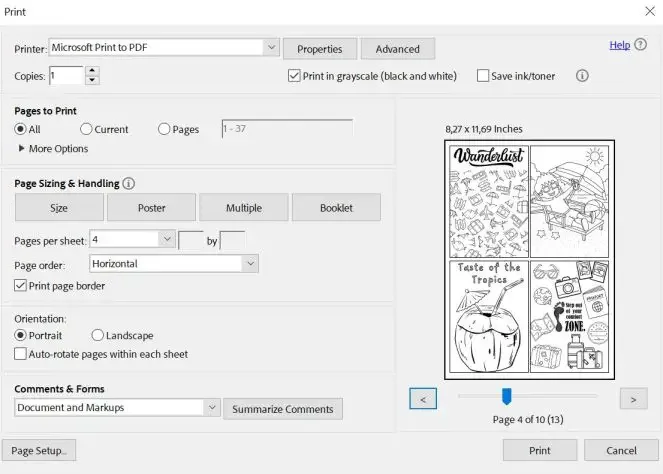 screenshot of printer settings for printer 4 pager per sheet