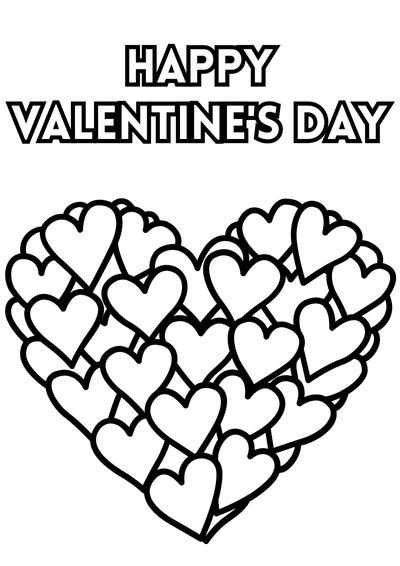 Valentine's Day coloring sheet of a heart made from hearts and "Happy Valentine's day"