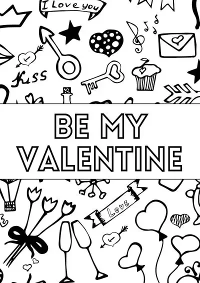 "be my Valentine" coloring sheet with hearts and romantix icons to color in