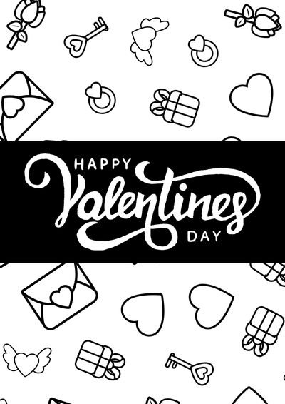 Happy Valentine's Day coloring page with romantic icons to color in