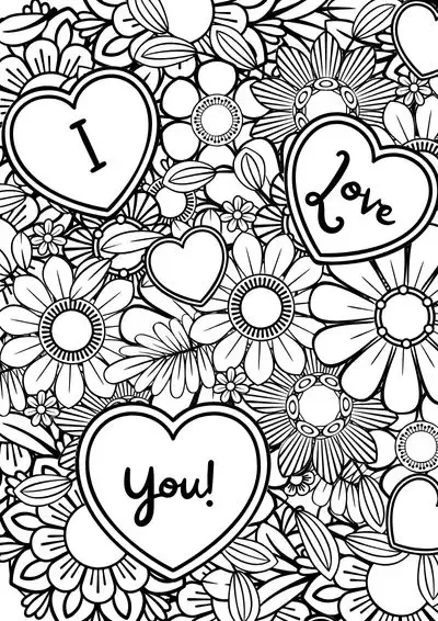 A mandala style coloring sheets with hearts and the words "I love you"